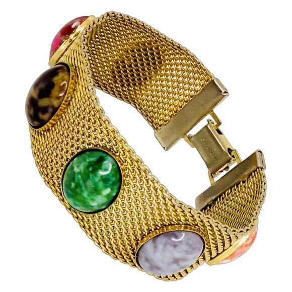 VTG Sarah Coventry Glass Cabochon Mesh Bracelet 8" Gold Tone Wide Multicolor - Picture 4 of 14